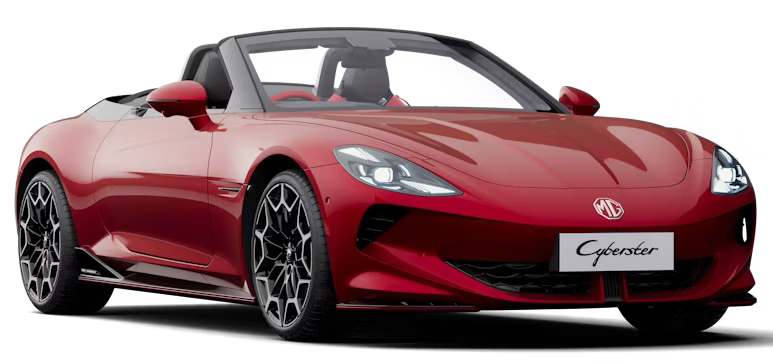 MG Cyberster Freisteller Rot mit 19 Zoll Felgen Schwarz, Verdeck offen