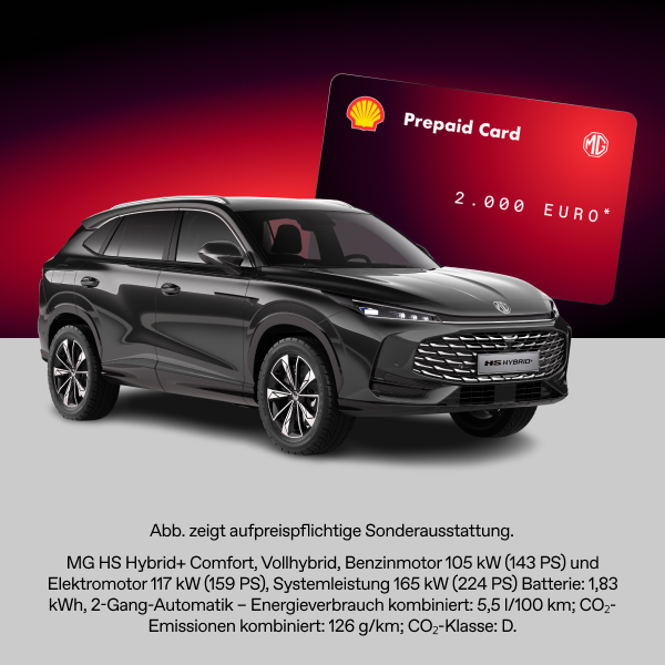 Schwarzer MG HS Hybrid+ SUV mit 2.000 Euro Tankguthaben-Aktion vor einer digitalen Shell-Tankkarte.
