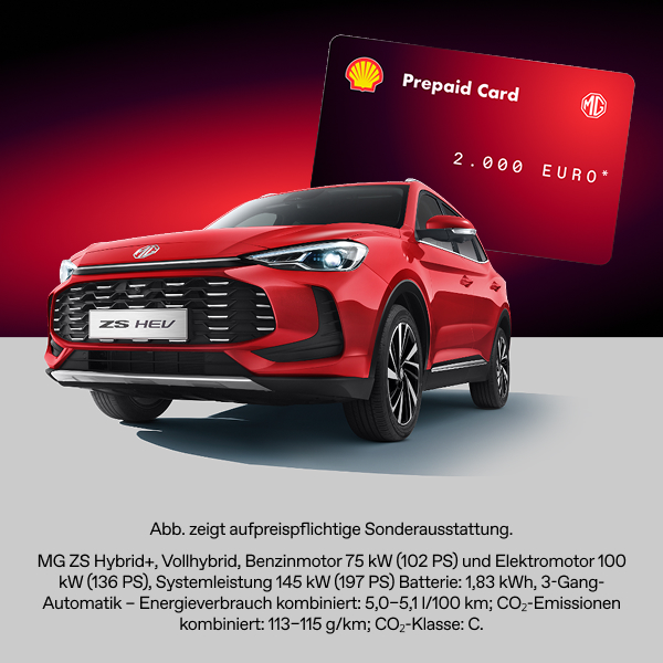 Roter MG ZS Hybrid+ SUV mit 2.000 Euro Tankguthaben-Aktion vor einer digitalen Shell-Tankkarte.