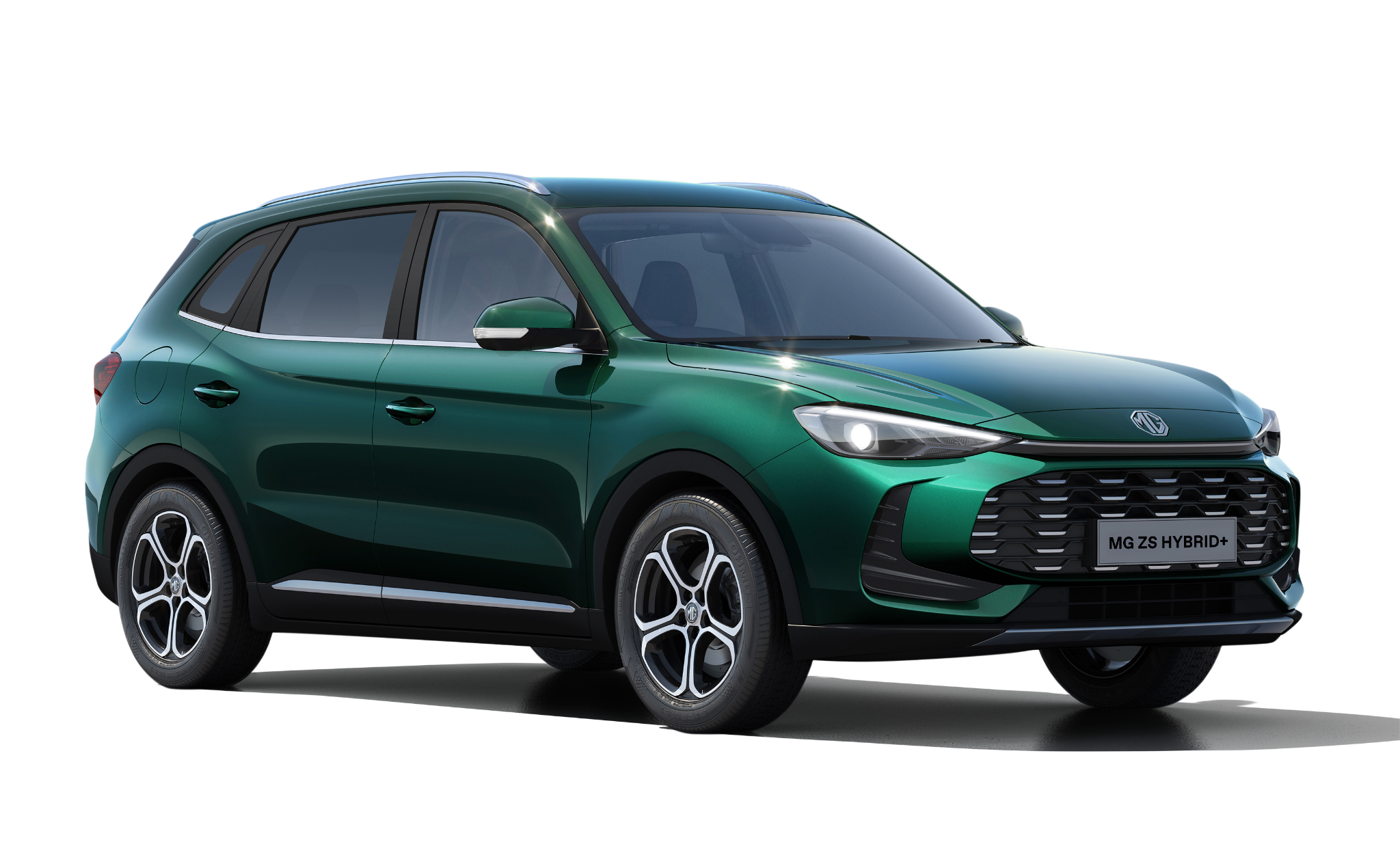 MG ZS Hybrid+ in Emerald Green als Freisteller, Ansicht vorne rechts