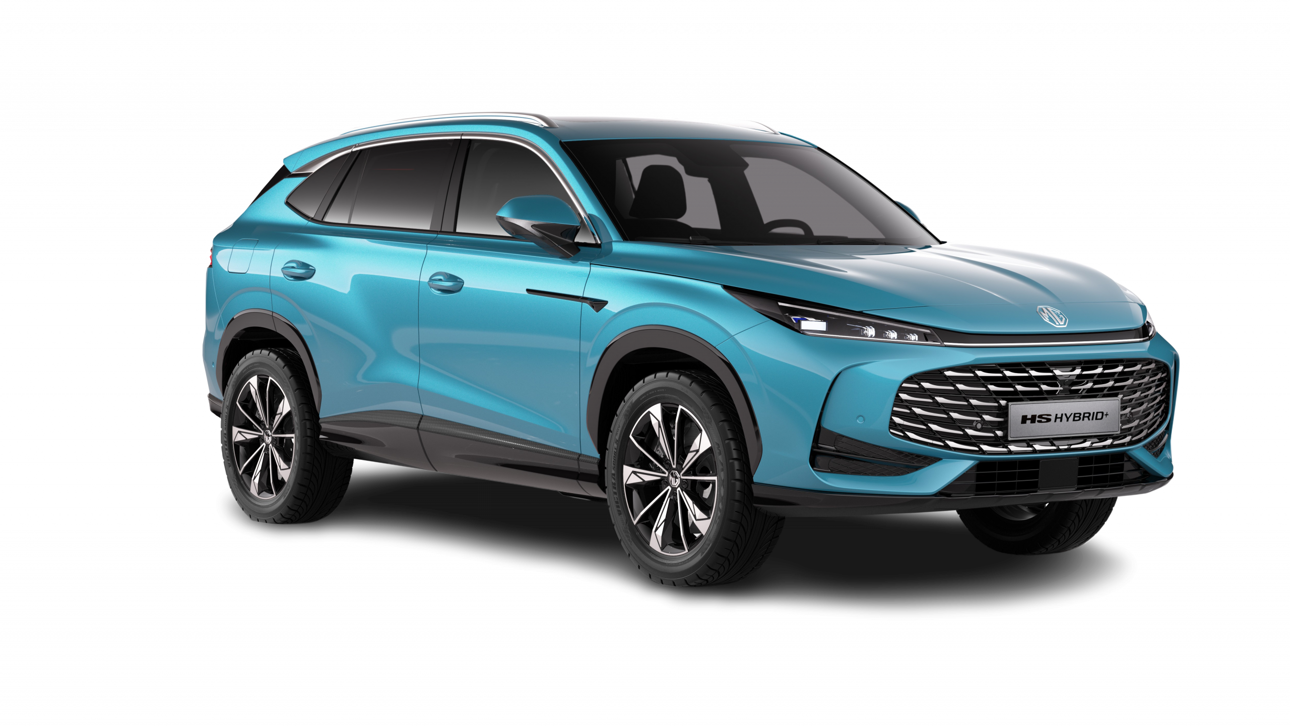 MG HS Hybrid+ in Arctic Blue als Freisteller, Ansicht vorne rechts