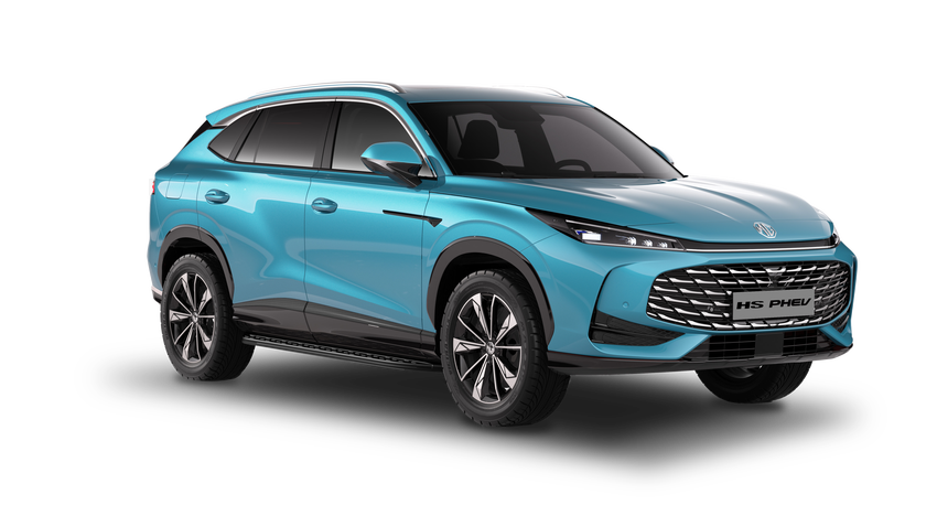 MG HS PHEV in Arctic Blue als Freisteller, Ansicht vorne rechts