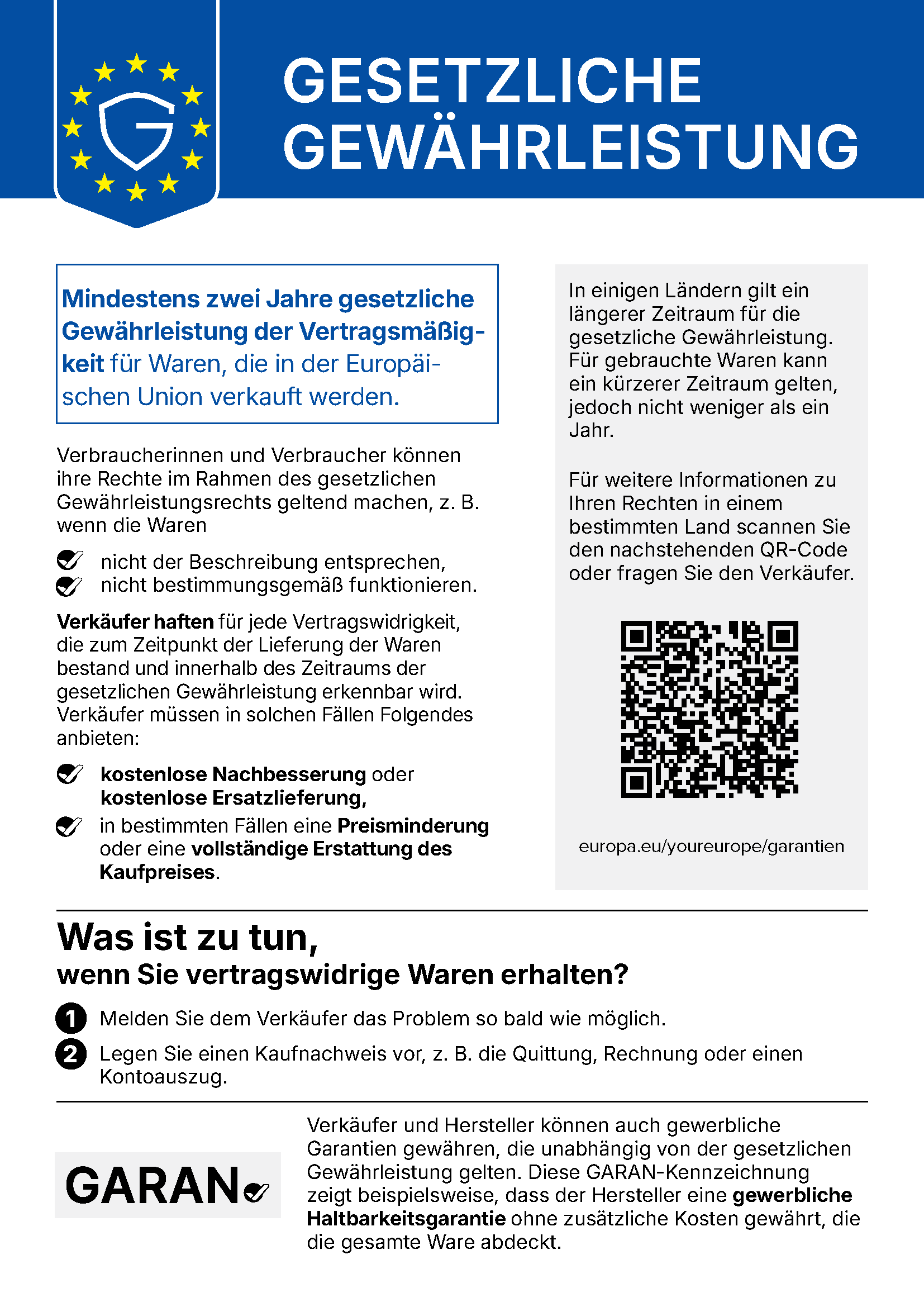 Amtlicher EU-Hinweis zur gesetzlichen Gewährleistung in deutscher Sprache – Farbfassung